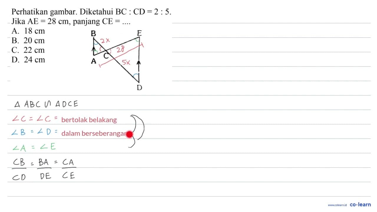 Perhatikan gambar. Diketahui BC : CD = 2 : 5. Jika AE = 28