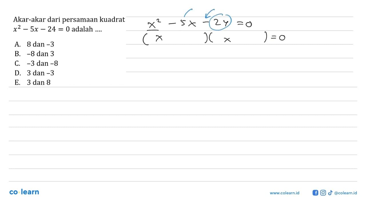 Akar-akar dari persamaan kuadrat x^2 - 5x - 24 = 0 adalah