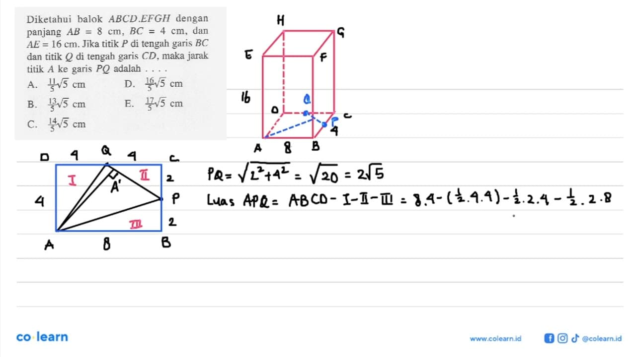 Diketahui balok ABCD.EFGH dengan panjang AB=8 cm, BC=4 cm,