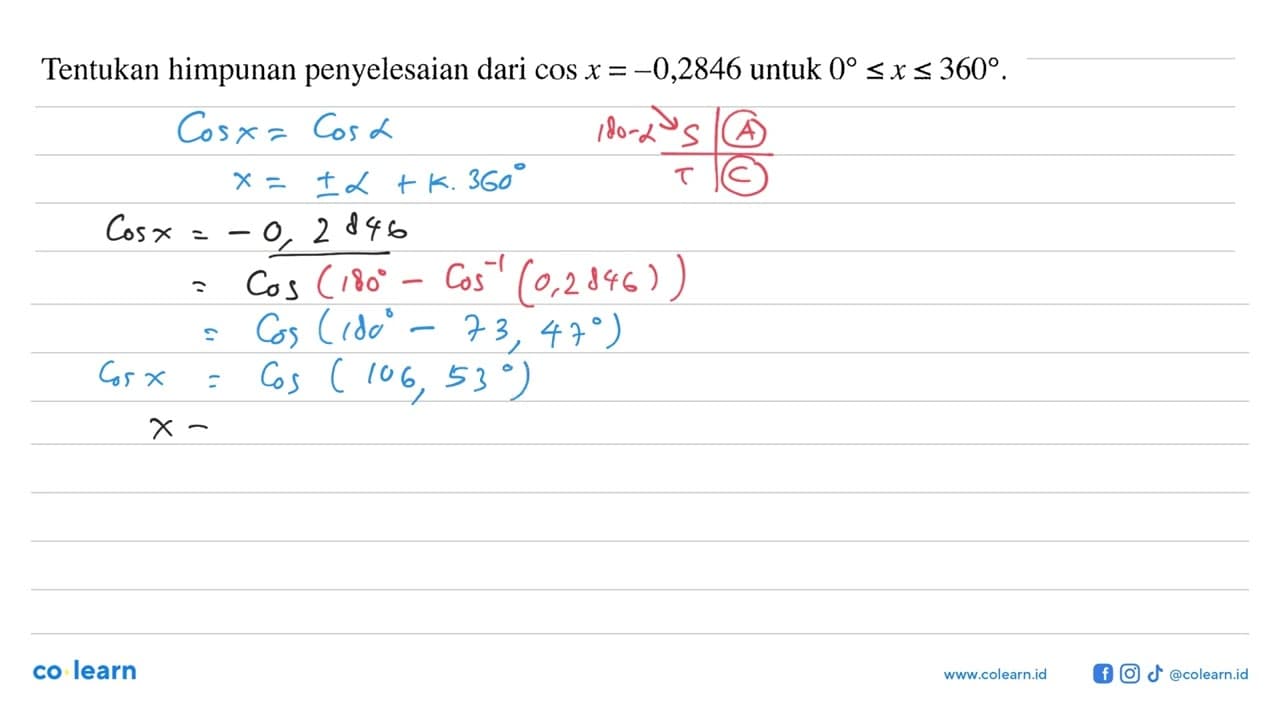 Tentukan himpunan penyelesaian dari cos x=-0,2846 untuk