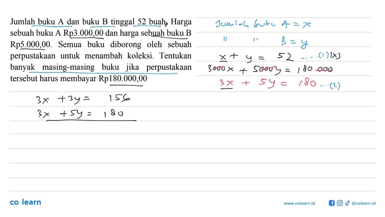 Jumlah buku A dan buku B tinggal 52 buah. Harga sebuah buku