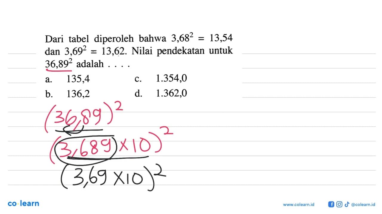 Dari tabel diperoleh bahwa 3,68^2 = 13,54 dan 3,69^2 =