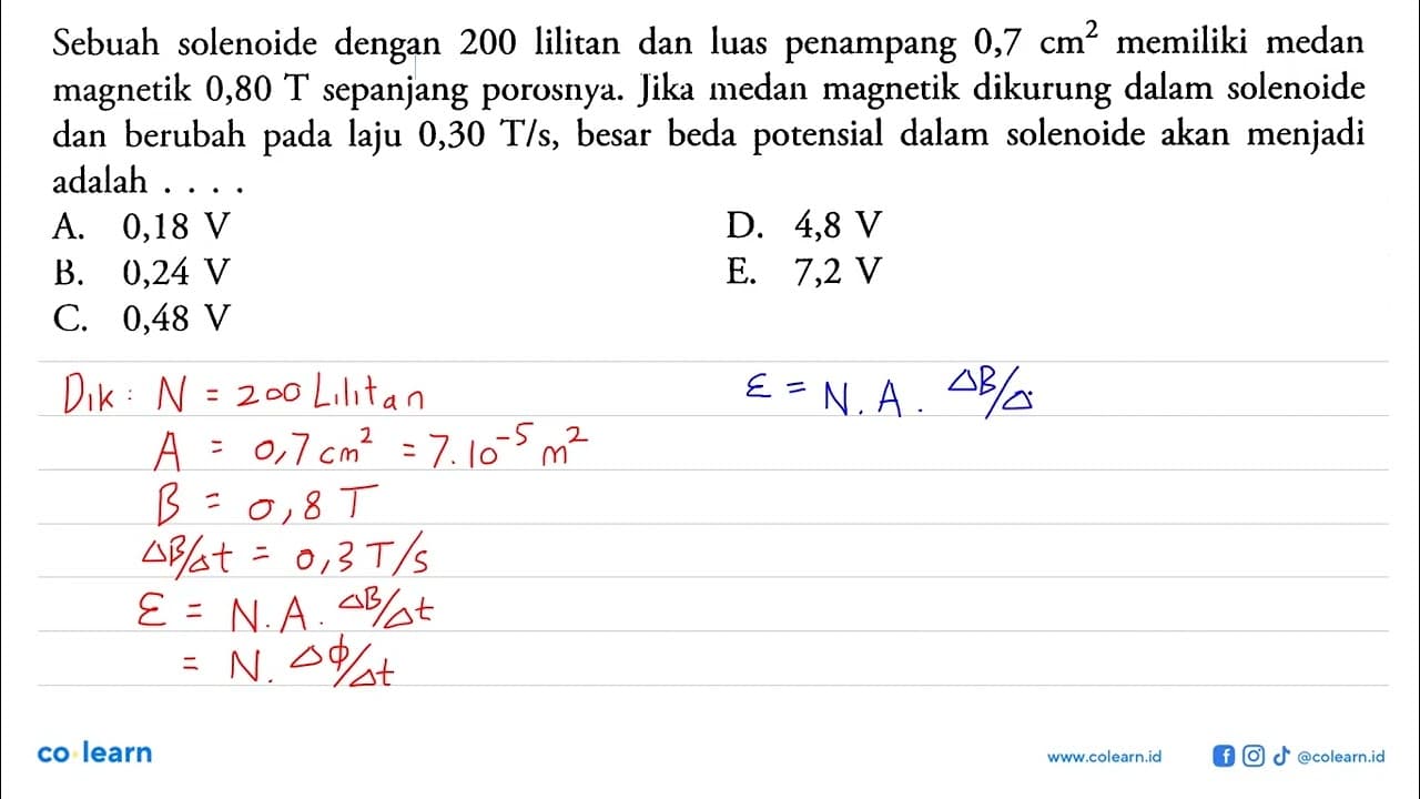 Sebuah solenoide dengan 200 lilitan dan luas penampang 0,7