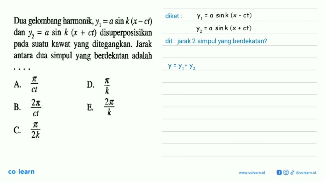 Dua gelombang harmonik, y1=a sin k(x-ct) dan y2=a sin