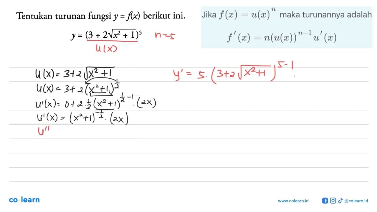 Tentukan turunan fungsi y=f(x) berikut ini.y=(3+2