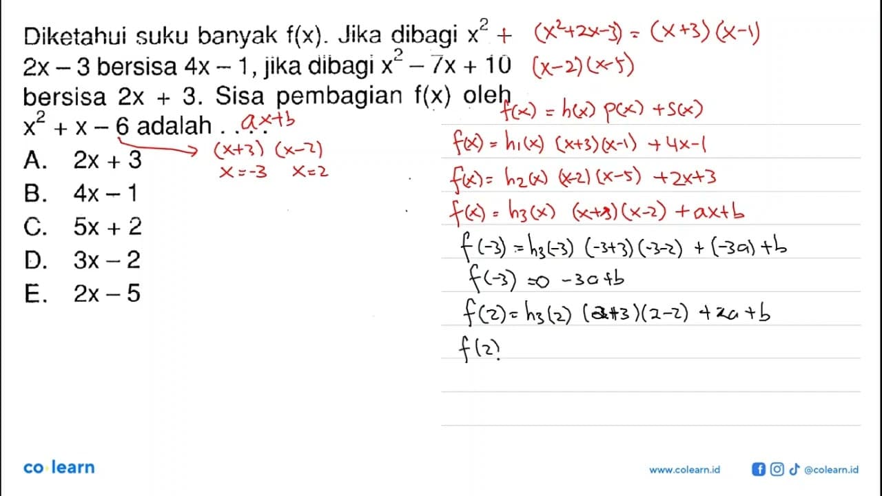 Diketahui suku banyak f(x). Jika dibagi x^2-2x-3 bersisa