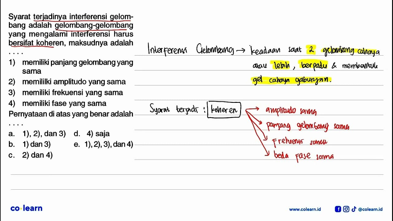 Syarat terjadinya interferensi gelombang adalah