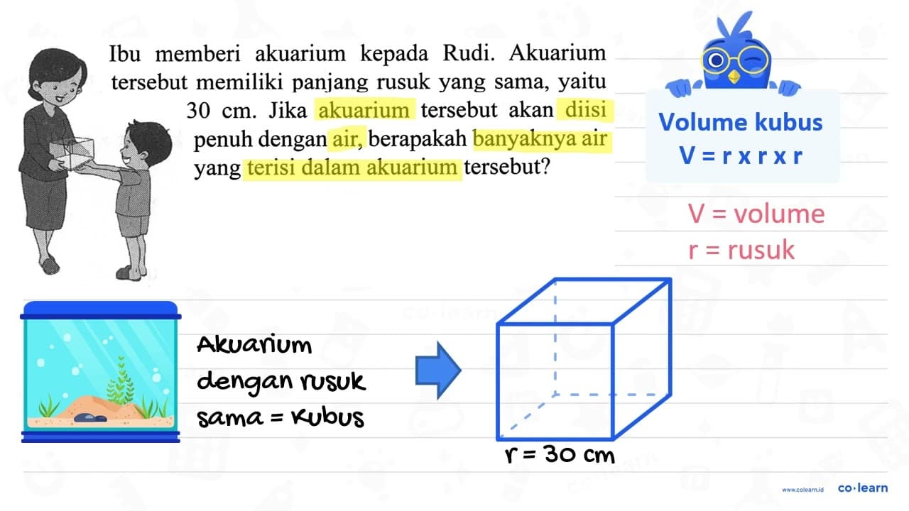 Ibu memberi akuarium kepada Rudi. Akuarium tersebut