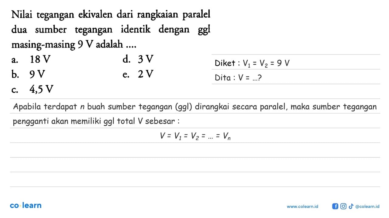 Nilai tegangan ekivalen dari rangkaian paralel dua sumber