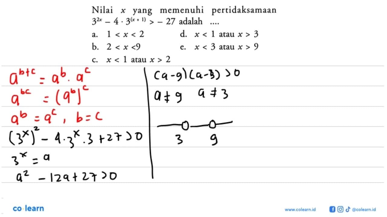 Nilai x yang memenuhi pertidaksamaan 3^(2x)-4.3^(x+1) > -27