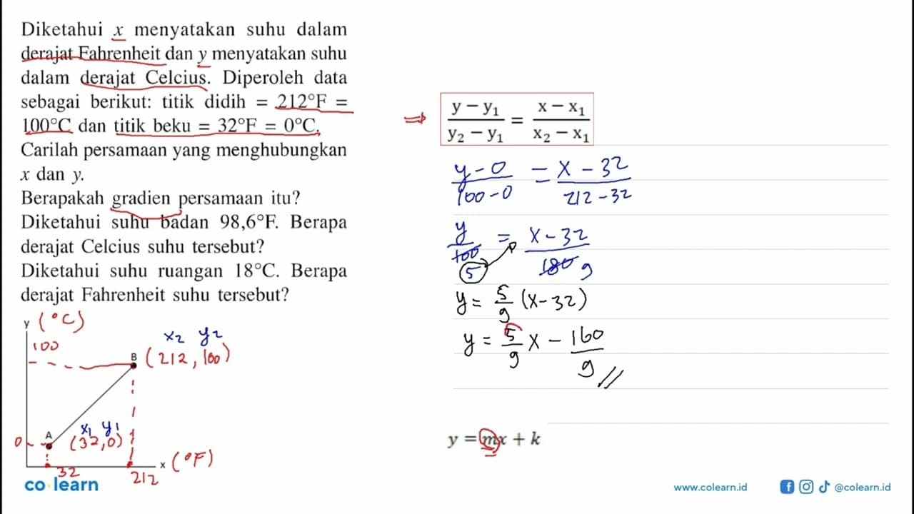 Diketahui x menyatakan suhu dalam derajat Fahrenheit dan y