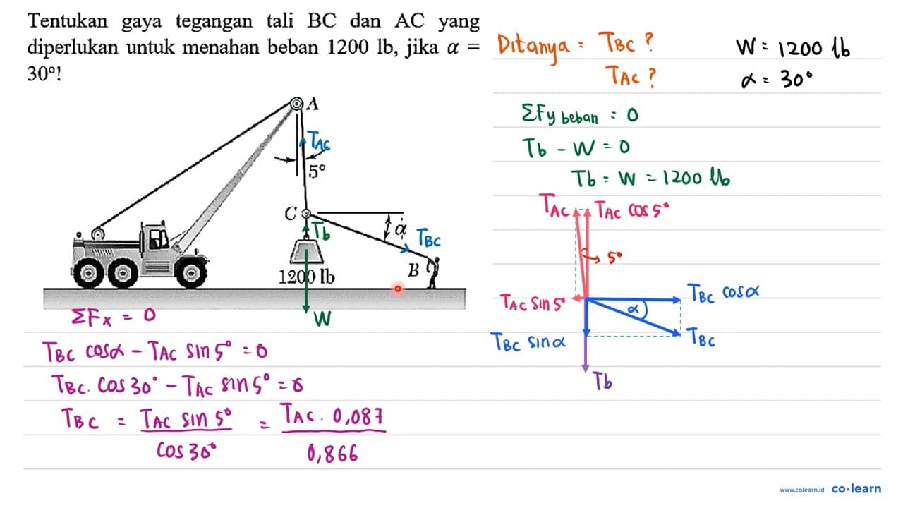 Tentukan gaya tegangan tali BC dan AC yang diperlukan untuk