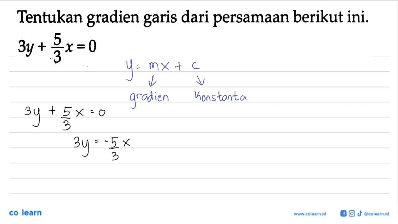 Tentukan gradien dari persamaan berikut ini. garis 3y+5/3