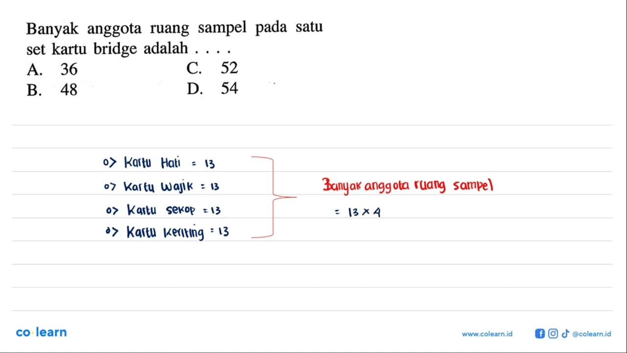 Banyak anggota ruang sampel pada satu set kartu bridge