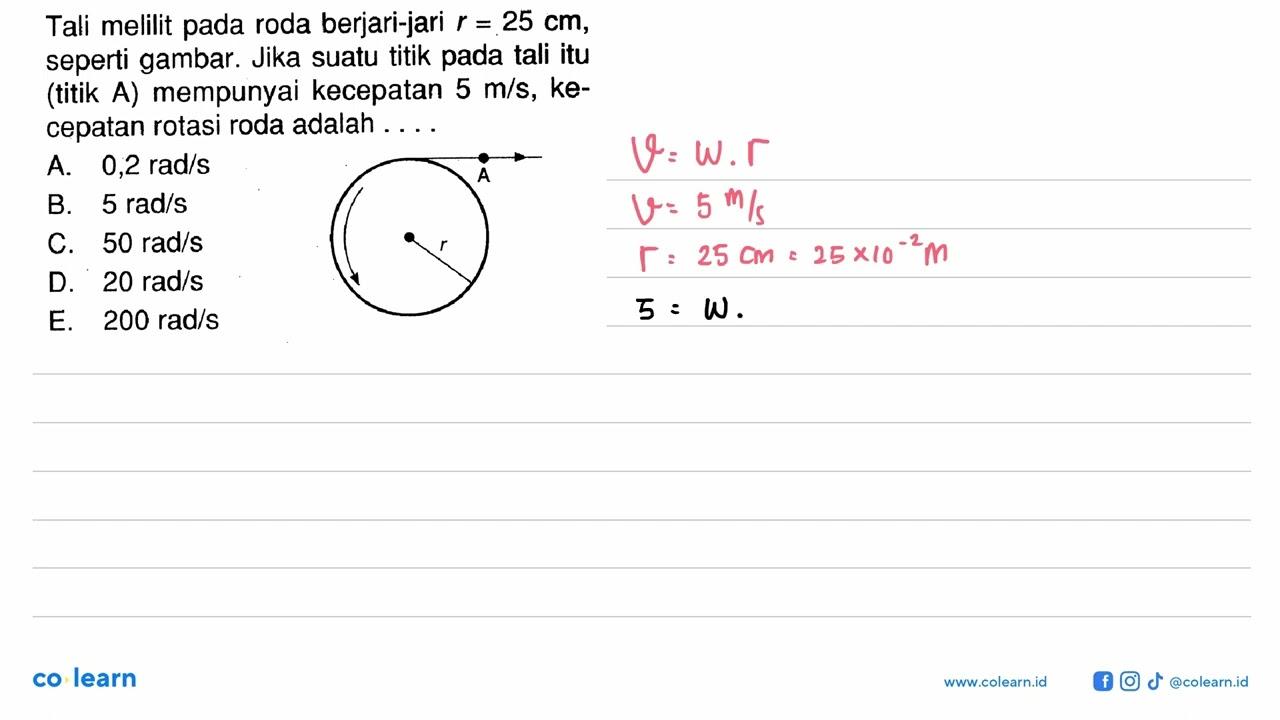 Tali melilit pada roda berjari-jari r=25 cm, seperti