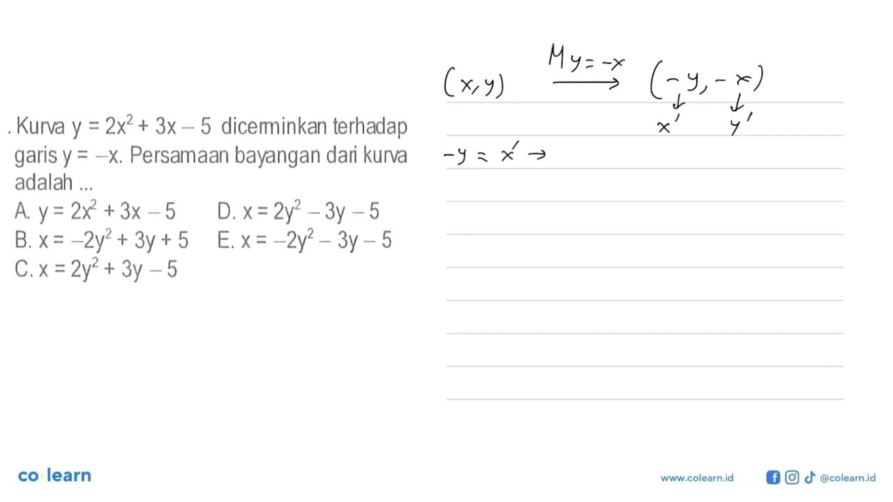 Kurva y=2x^2+3x-5 dicerminkan terhadap garis y=-x.