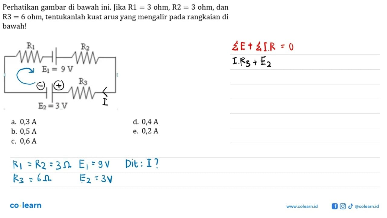 Perhatikan gambar di bawah ini. Jika R1=3 ohm, R2=3 ohm,dan