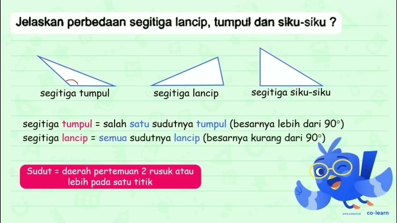 Jelaskan perbedaan segitiga lancip, tumpul dan siku-siku?