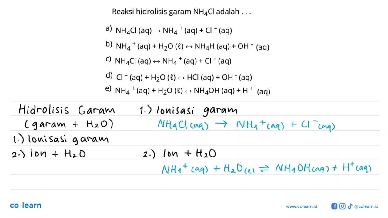 Reaksi hidrolisis garam NH4 Cl adalah ...