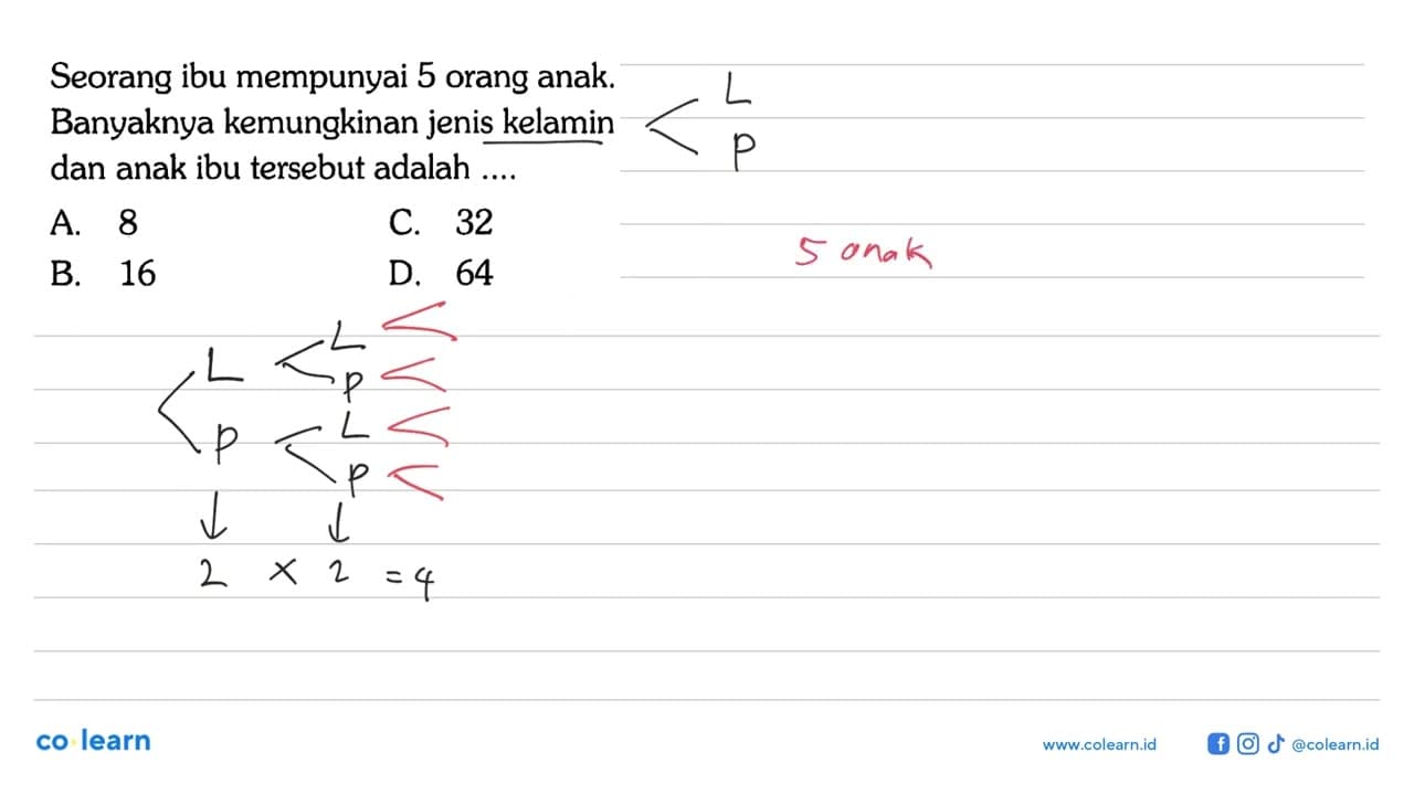 Seorang ibu mempunyai 5 orang anak. Banyaknya kemungkinan