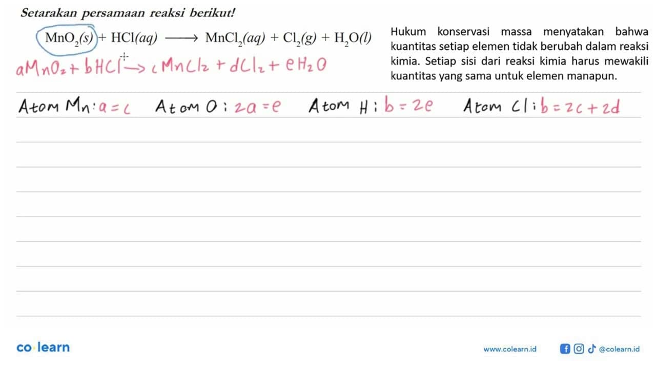 Setarakan persamaan reaksi berikut! MnO2 (s)+HCl (aq) ->