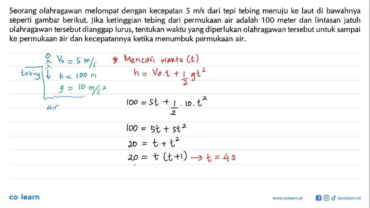 Seorang olahragawan melompat dengan kecepatan 5 m/s dari