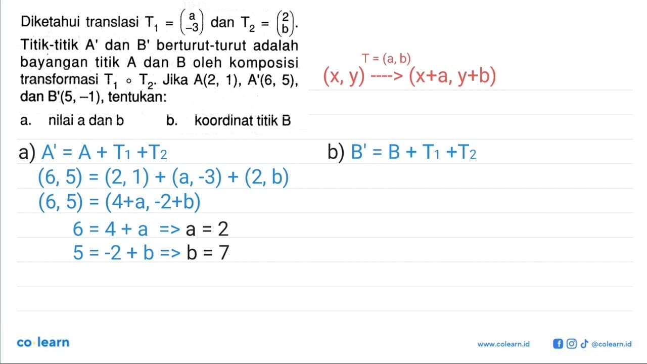 Diketahui translasi T1 = (a -3) dan T2 = (2 b). Titik-titik