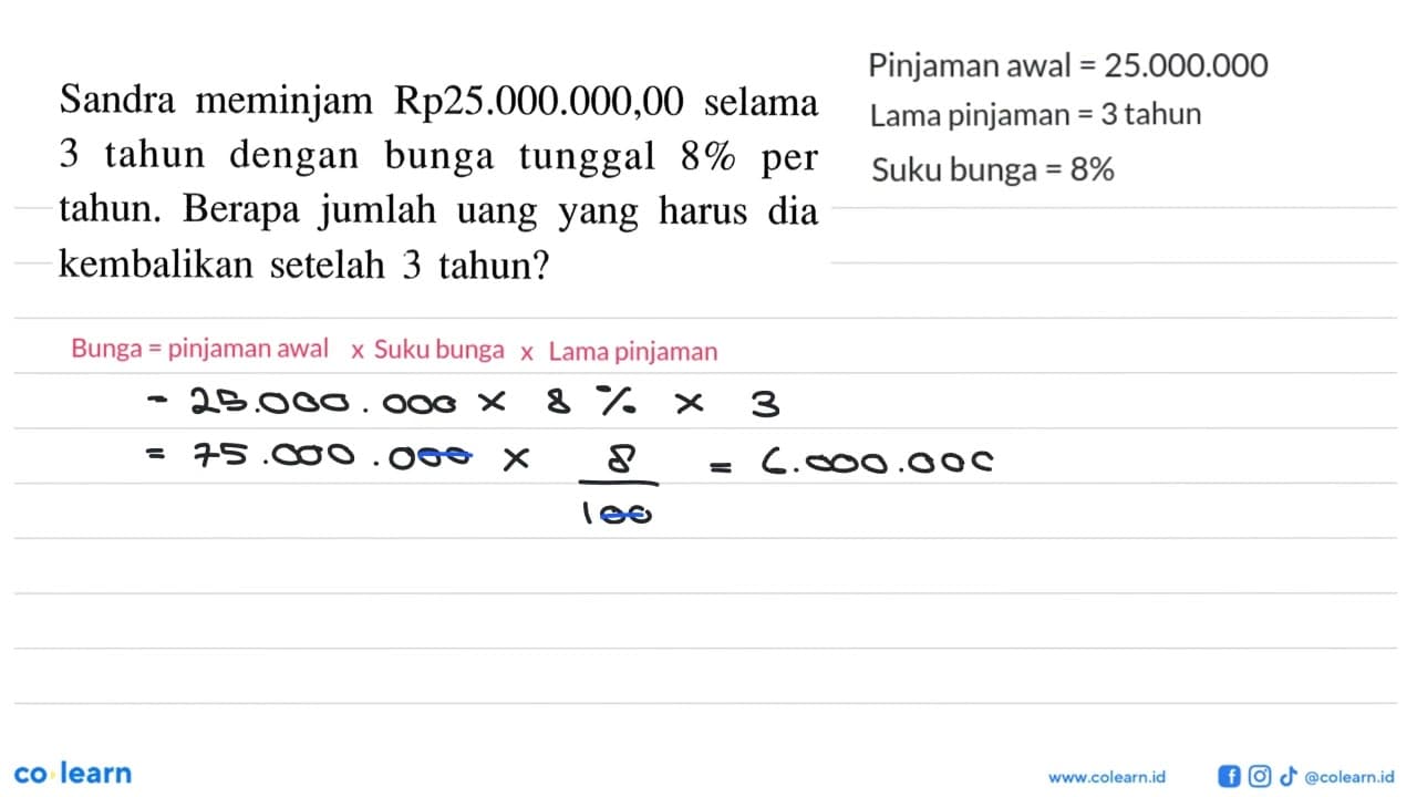 Sandra meminjam Rp25.000.000,00 selama 3 tahun dengan bunga