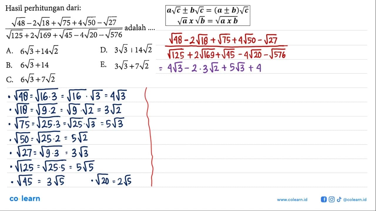 Hasil perhitungan dari: (48^(1/2) - 2 18^(1/2) + 75^(1/2) +