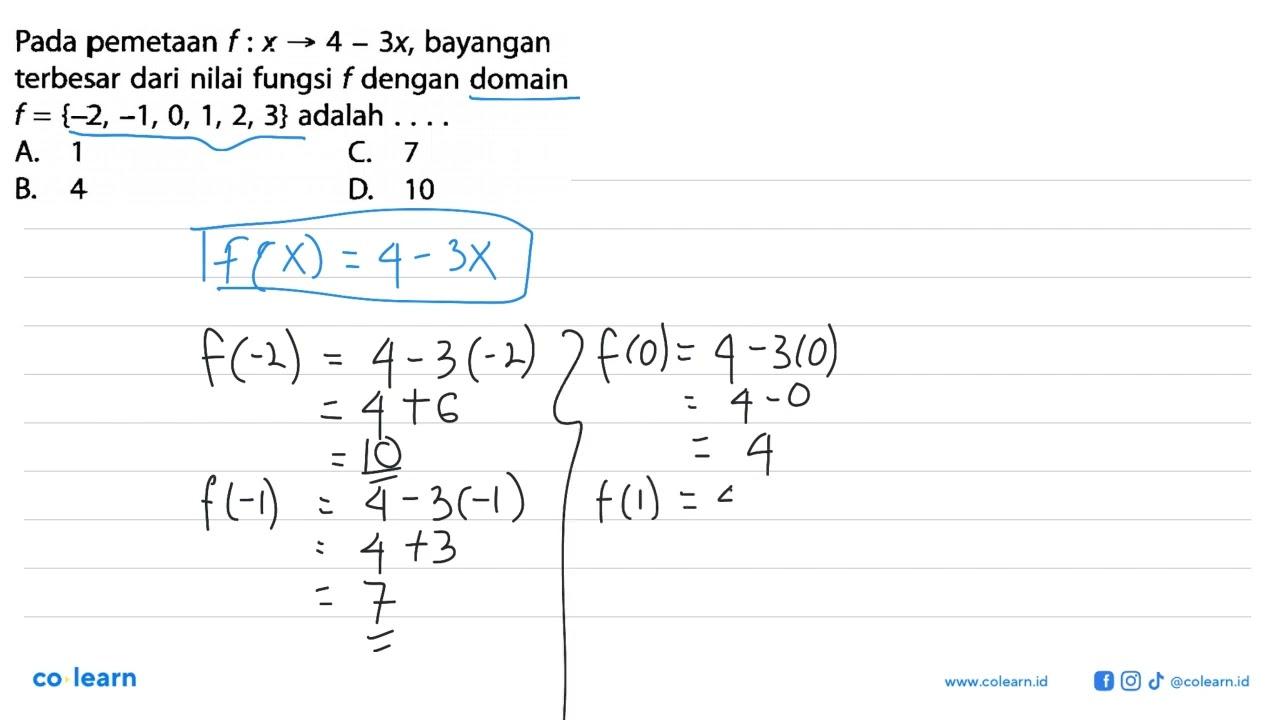 Pada pemetaan f :x - 4 - 3x, bayangan terbesar dari nilai