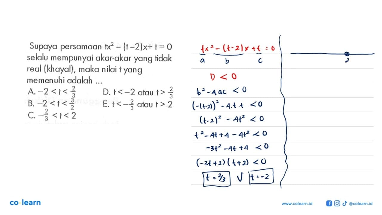 Supaya persamaan tx^2-(t-2)x+t=0 selalu mempunyai akar-akar