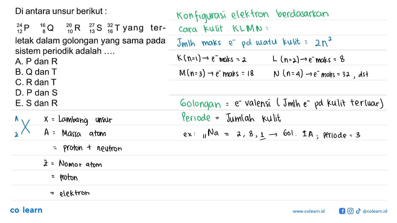 Di antara unsur berikut : 24 12 P 16 8 Q 20 10 R 27 13 S 32