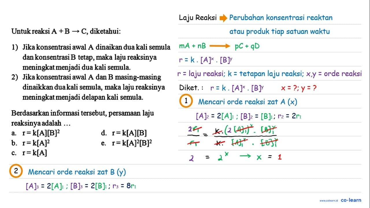 Untuk reaksi A + B -> C, diketahui:1) Jika konsentrasi awal