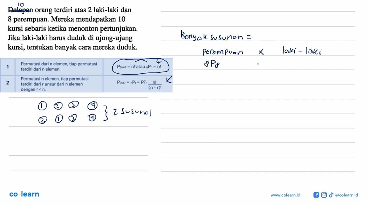 Delapan orang terdiri atas 2 laki-laki dan 8 perempuan.