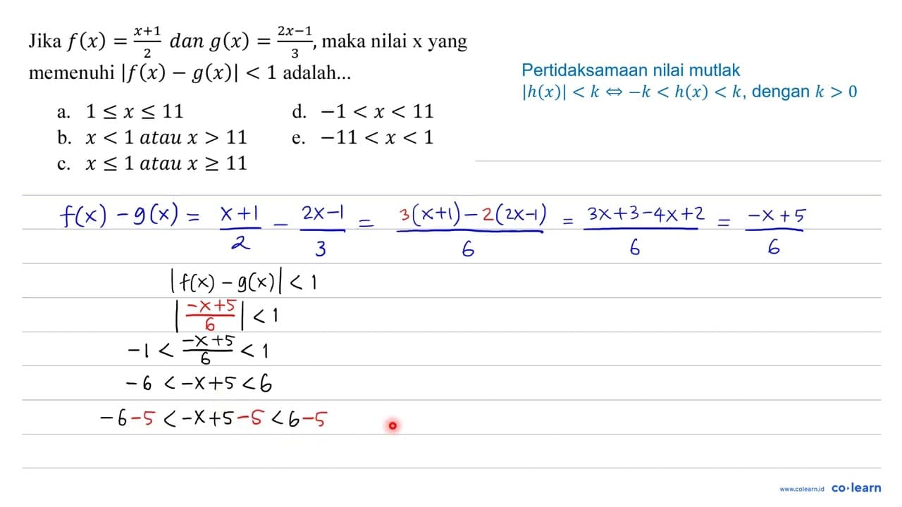 Jika f(x)=(x+1)/(2) dan g(x)=(2 x-1)/(3) , maka nilai x