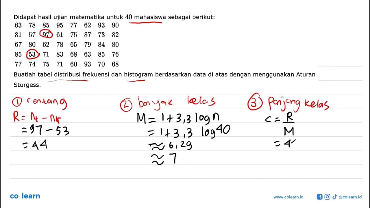 Didapat hasil ujian matematika untuk 40 mahasiswa sebagai