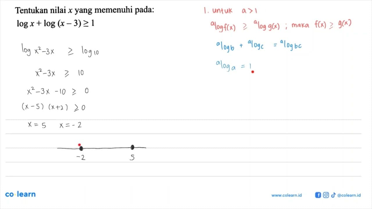 Tentukan nilai x yang memenuhi pada: log x+log (x-3)>=1