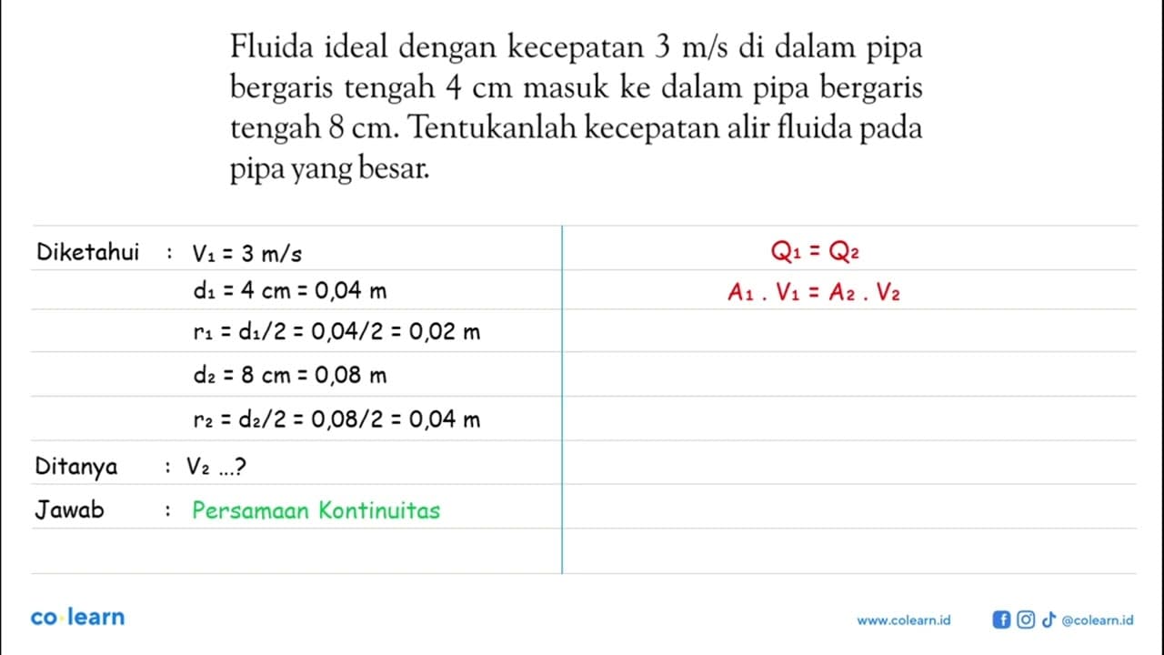 Fluida ideal dengan kecepatan 3 m/s di dalam pipa bergaris