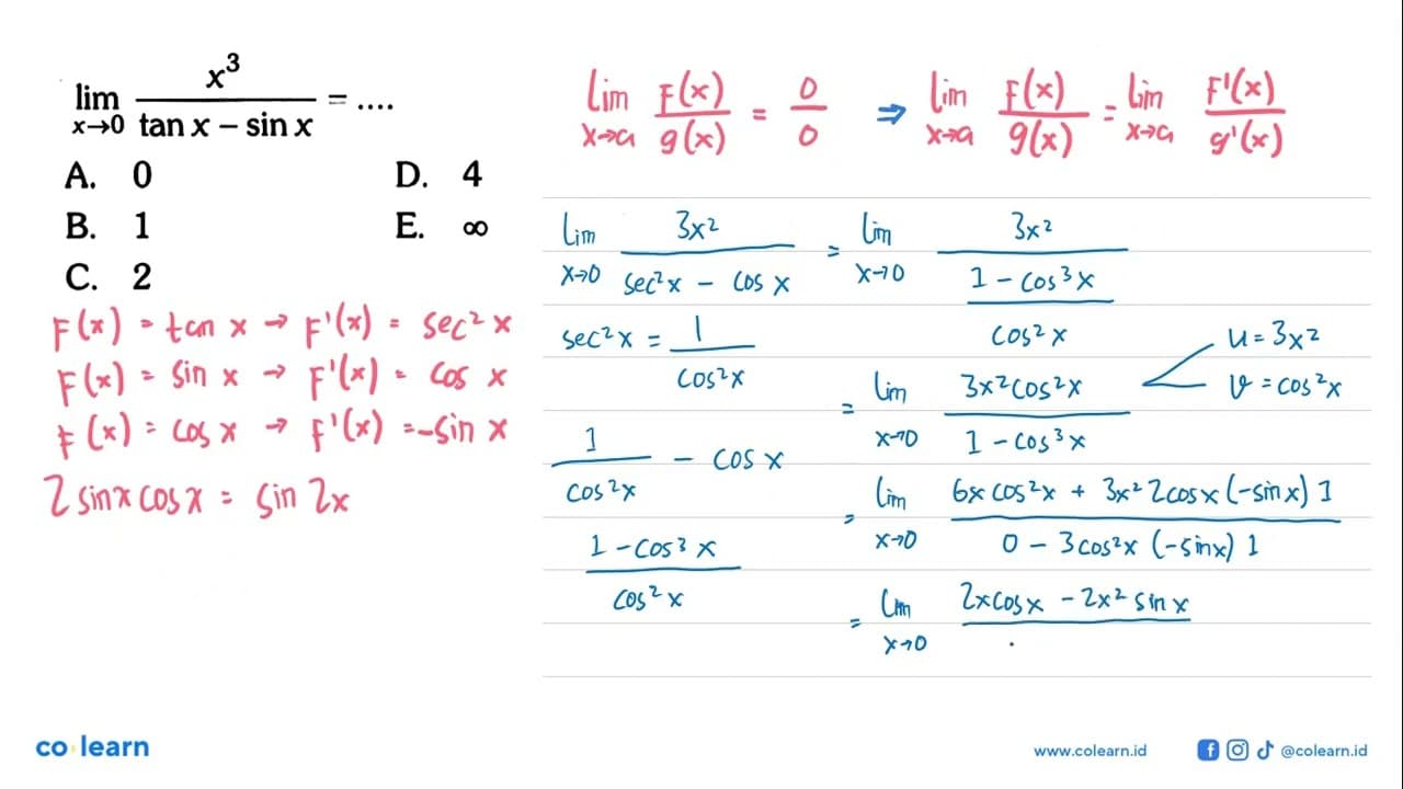 limit x->0 (x^3)/(tanx-sinx)= .....