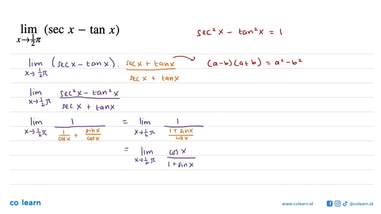 limit x -> 1/2 pi (sec x - tan x)