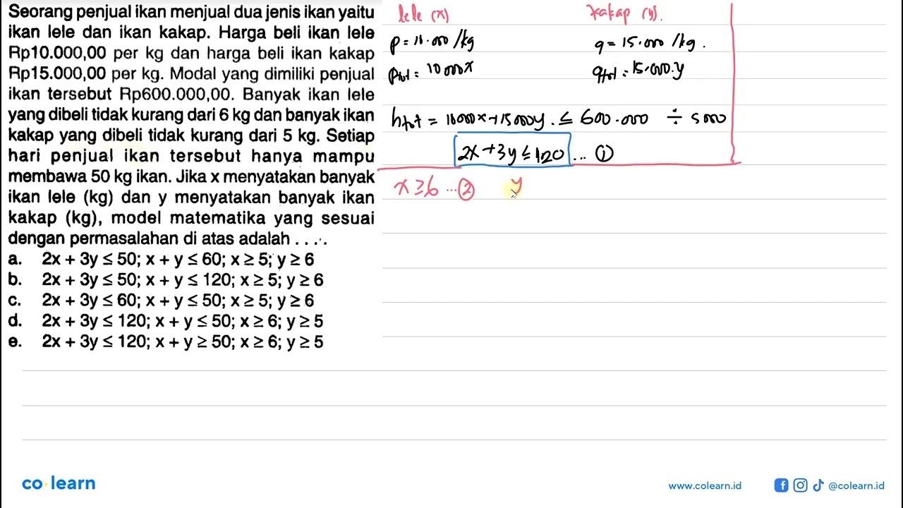 Seorang penjual ikan menjual dua jenis ikan yaitu ikan lele