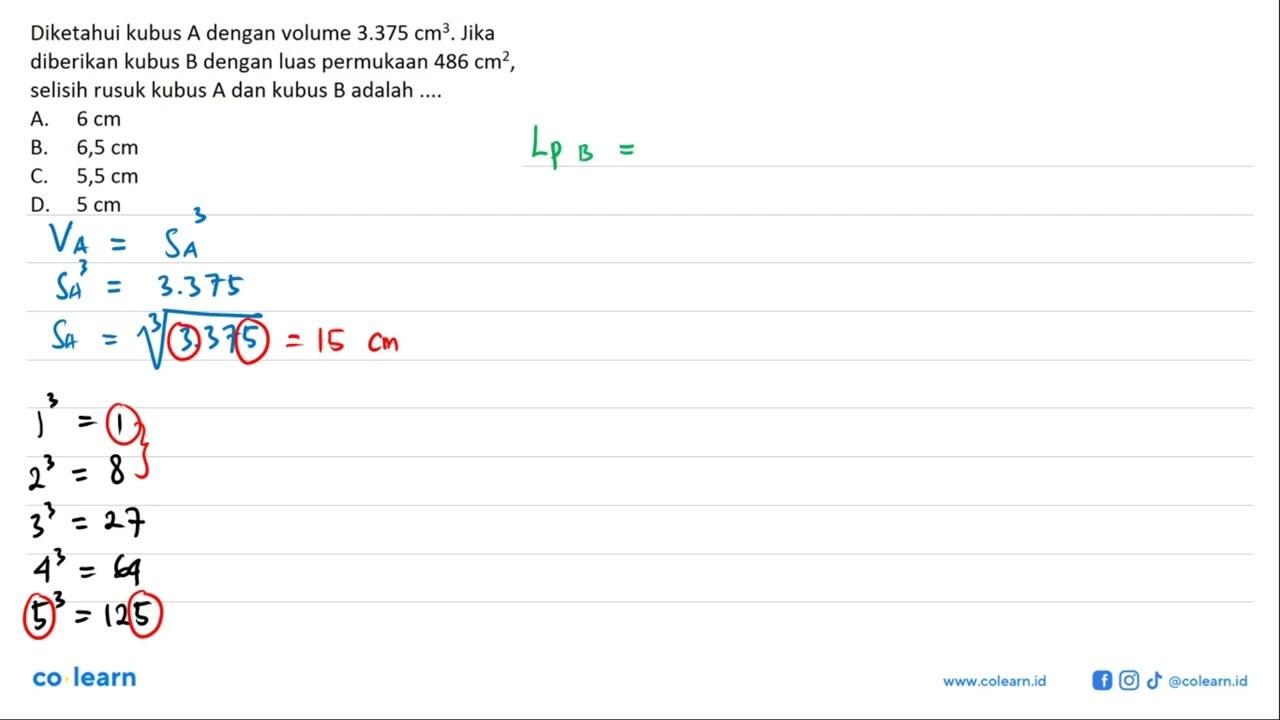 Diketahui kubus A dengan volume 3.375 cm^3 . Jika diberikan