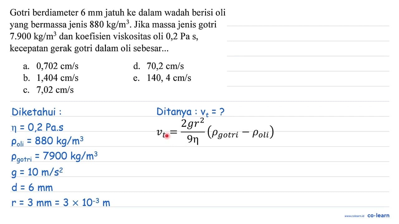Gotri berdiameter 6 mm jatuh ke dalam wadah berisi oli yang