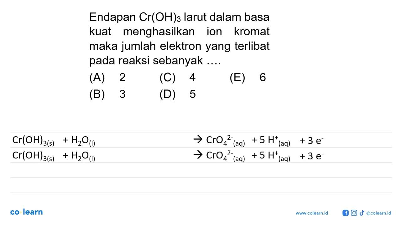 Endapan Cr(OH)3 larut dlama basa kuat menghasilkan ion