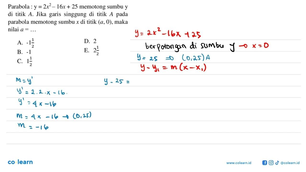 Parabola : y=2x^2-16x+25 memotong sumbu y di titik A . Jika