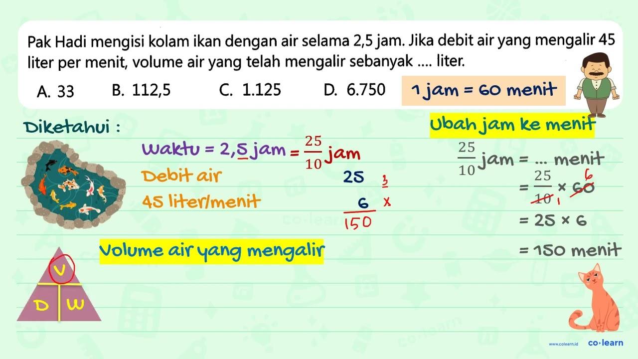 Pak Hadi mengisi kolam ikan dengan air selama 2,5 jam. Jika