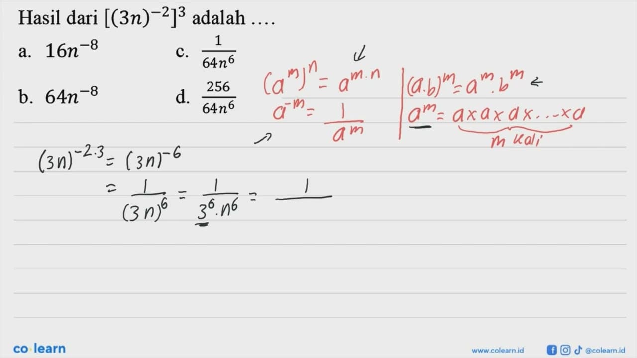 Hasil dari [(3n)^-2]^3 adalah