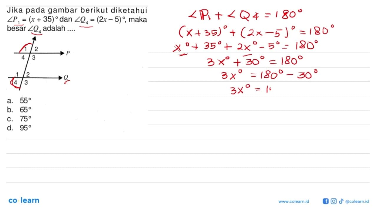 Jika pada gambar berikut diketahui sudut P1=(x+35) dan