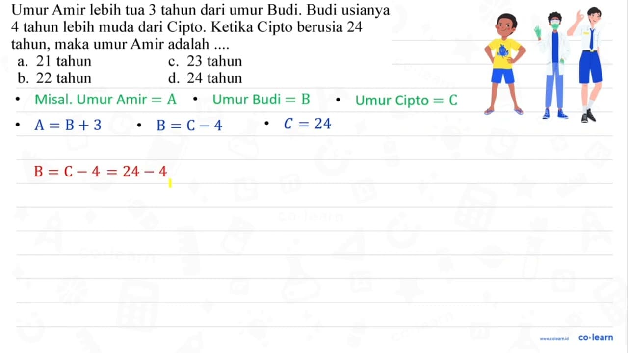 Umur Amir lebih tua 3 tahun dari umur Budi. Budi usianya 4