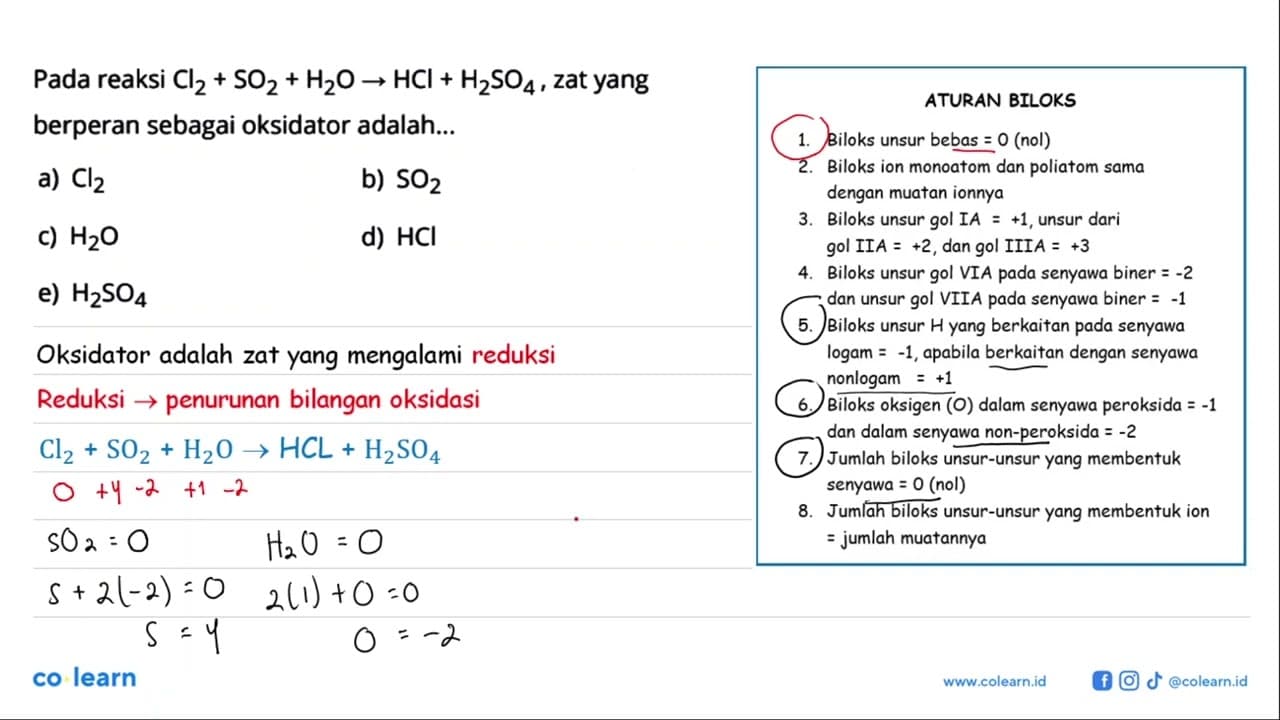 Pada reaksi Cl2+SO2+H2O -> HCl+H2SO4, zat yang berperan